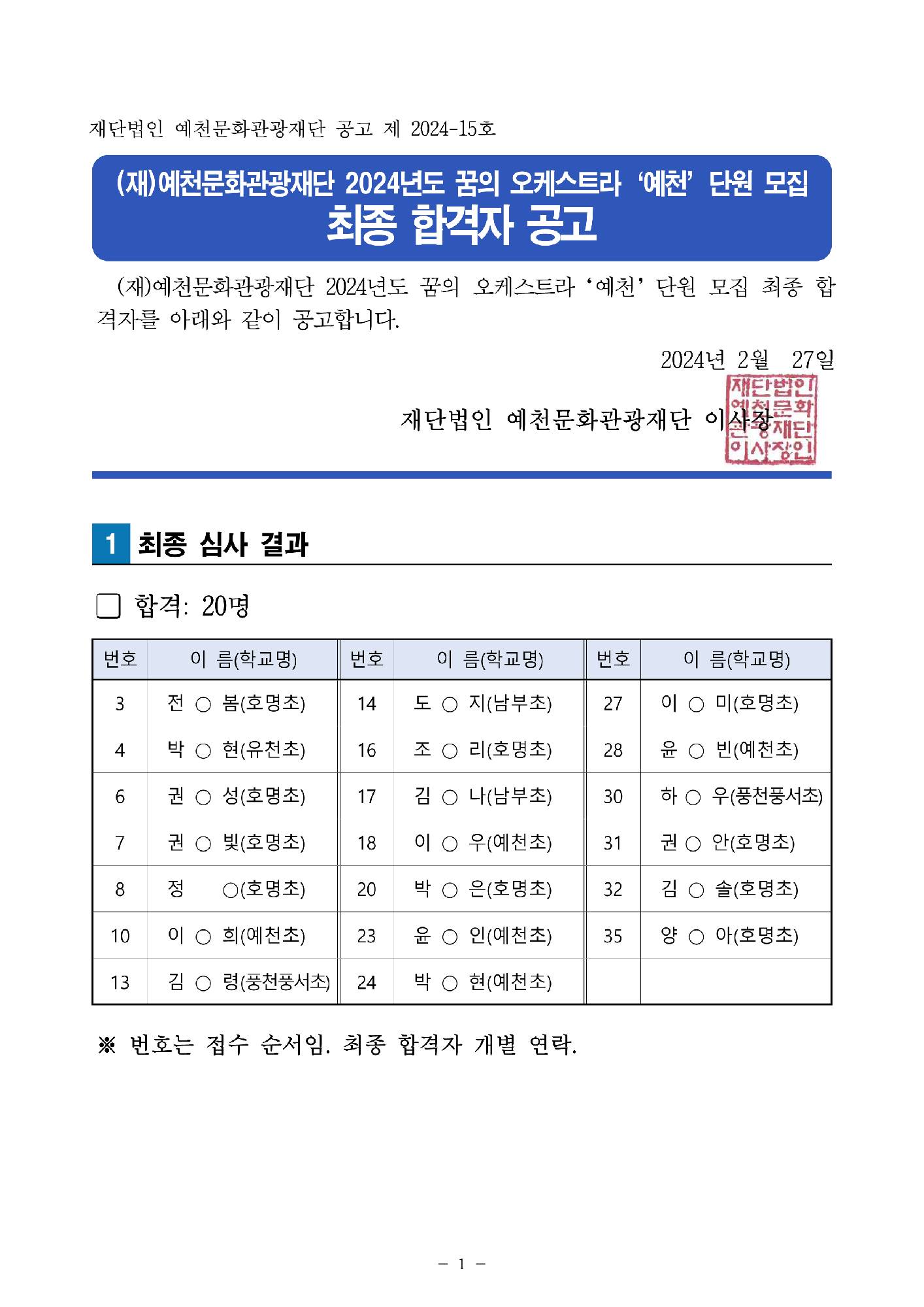 2024 꿈의 오케스트라 ‘예천’ 신규단원 최종 합격자 공고1